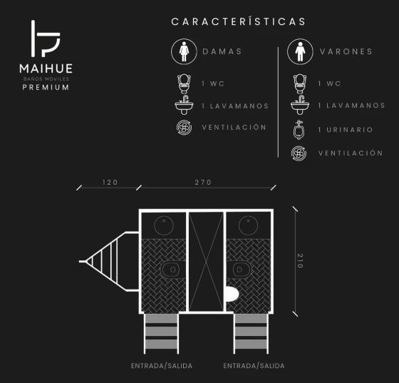 Plano del tráiler estándar Maihue con baño de damas y baño de varones